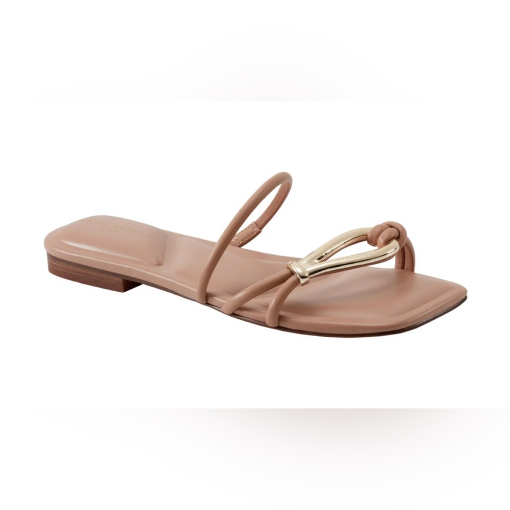 Marc Fisher Mazza Tan Sandals | Gold Accent Heels - Picture 4 of 10